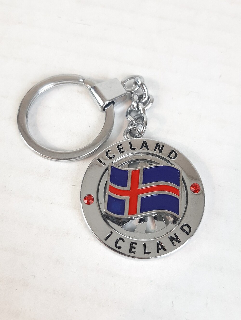 Iceland Flag Silver Tone Spinner Souvenir Keychain